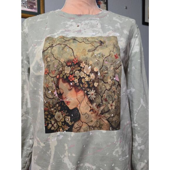 Custom Upcycled Green Flower Queen Handpainted Sweatshirt - Picture 2 of 5